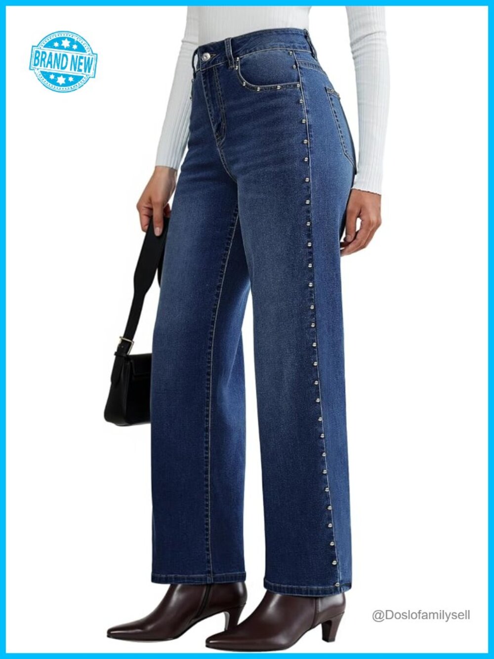 High Waisted Wide Leg Distressed Studded Stretch Denim Jeans Party Outfit